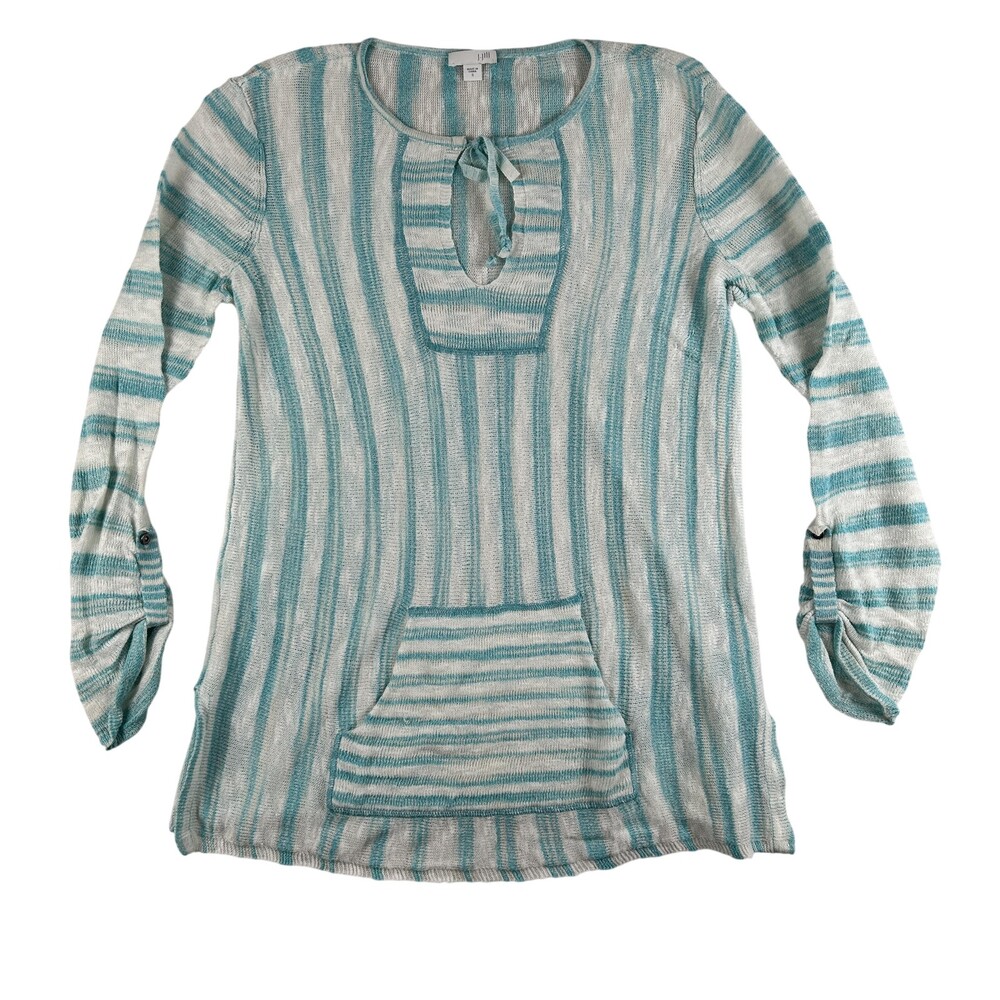 Striped Sweater Womens Large Blue White Lightweight Knit Scoop Pocket Pullover